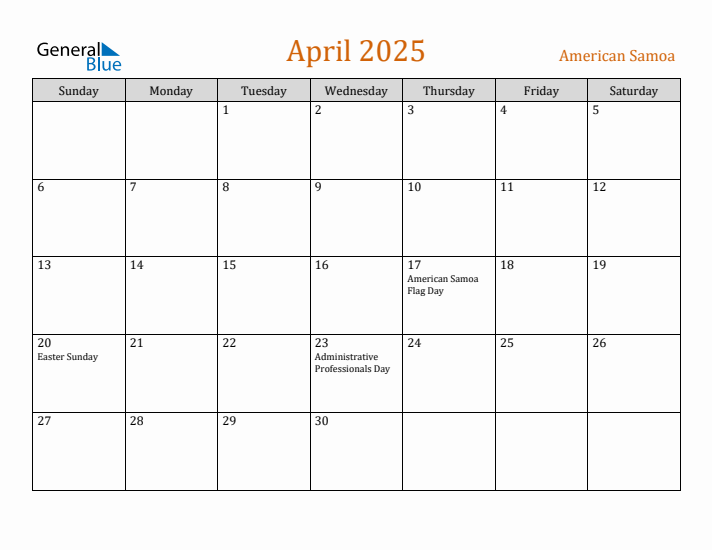 April 2025 Holiday Calendar with Sunday Start