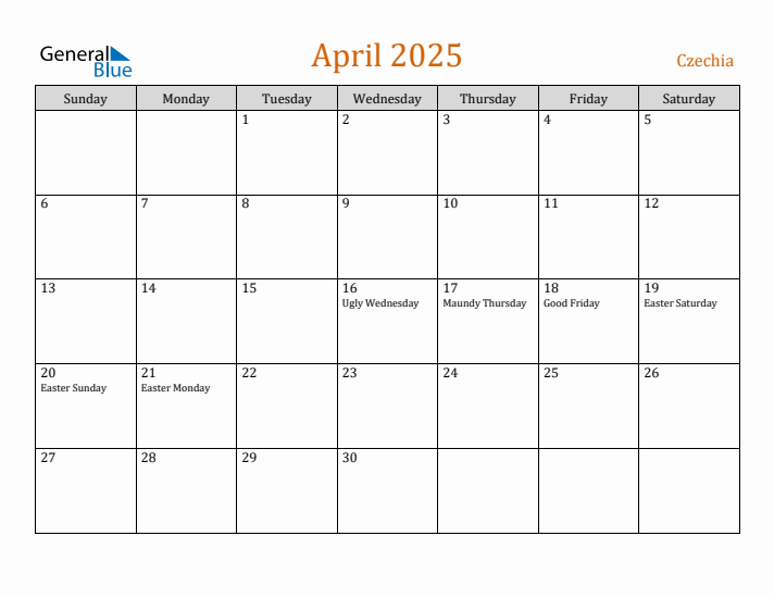 April 2025 Holiday Calendar with Sunday Start