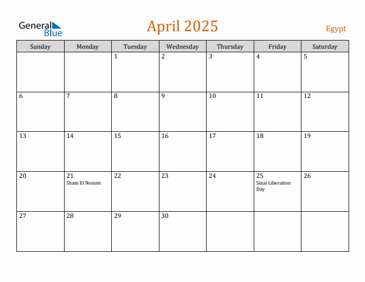 April 2025 Holiday Calendar with Sunday Start