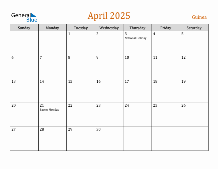 April 2025 Holiday Calendar with Sunday Start