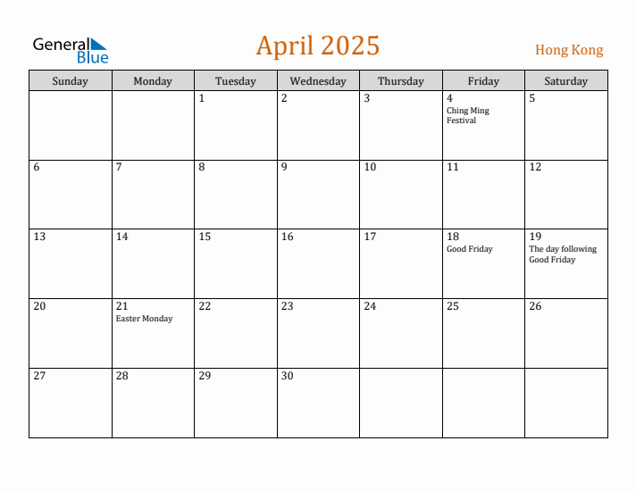 April 2025 Holiday Calendar with Sunday Start