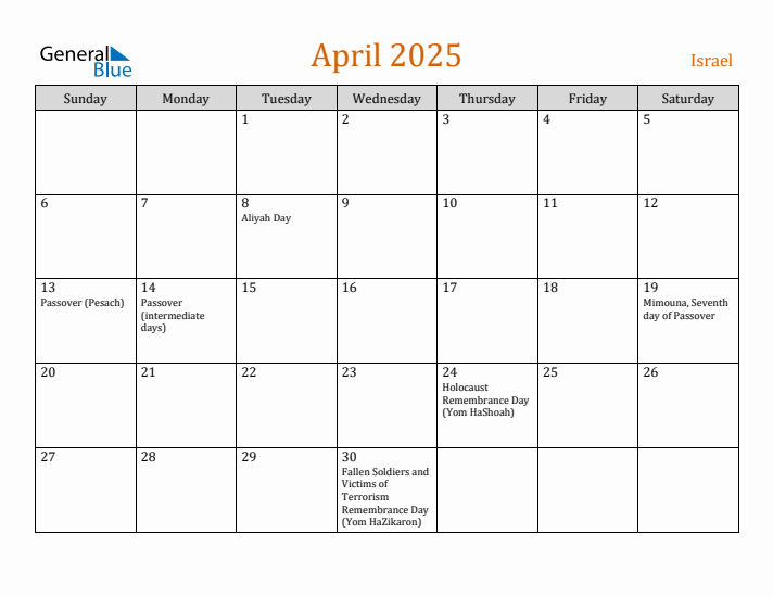 April 2025 Holiday Calendar with Sunday Start