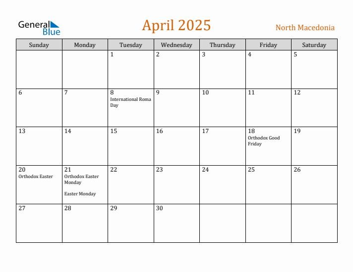 April 2025 Holiday Calendar with Sunday Start