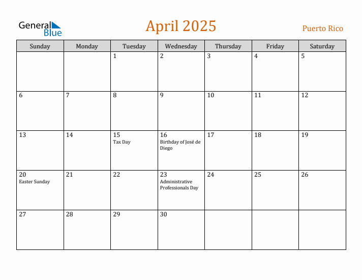 April 2025 Holiday Calendar with Sunday Start