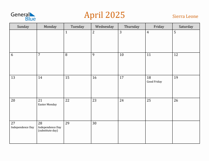 April 2025 Holiday Calendar with Sunday Start