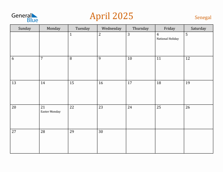 April 2025 Holiday Calendar with Sunday Start
