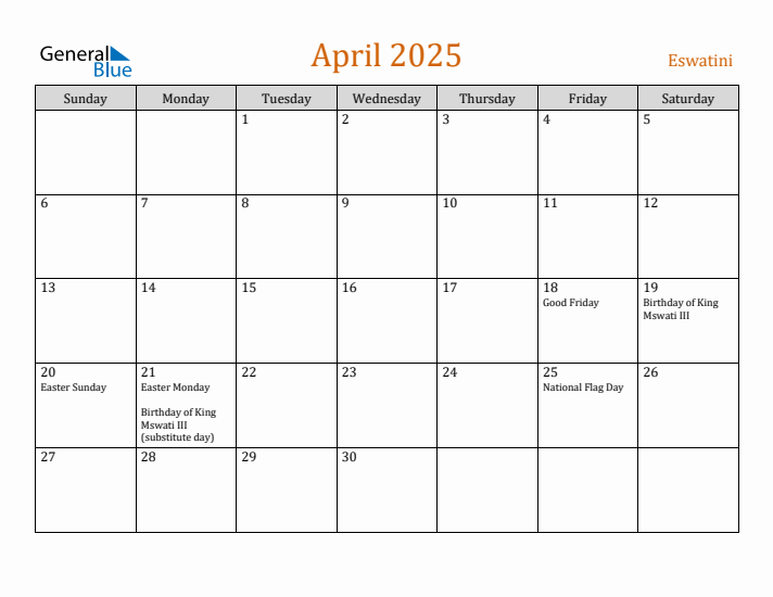 April 2025 Holiday Calendar with Sunday Start
