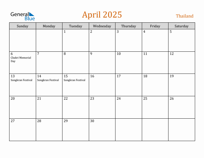 April 2025 Holiday Calendar with Sunday Start