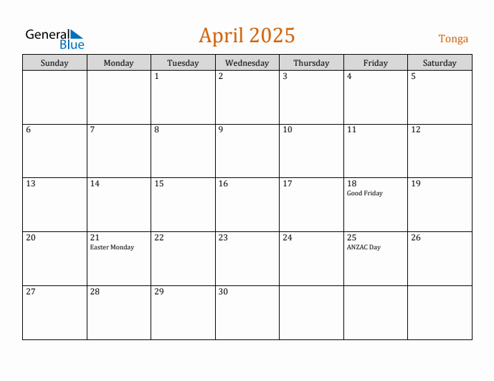 April 2025 Holiday Calendar with Sunday Start