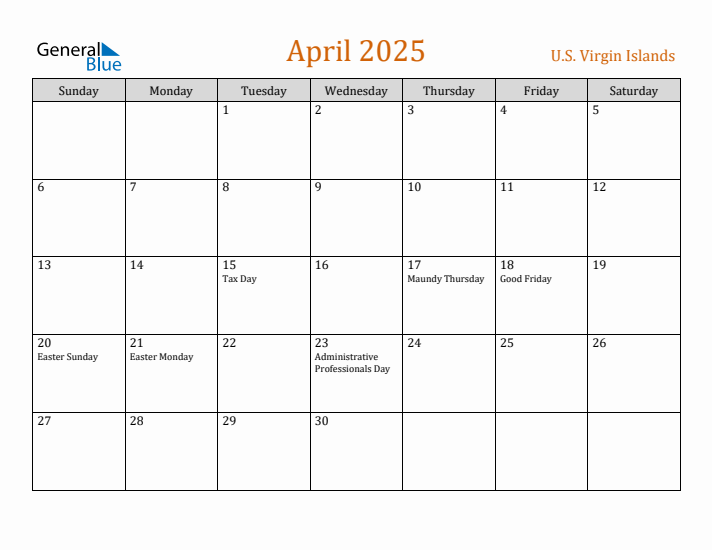 April 2025 Holiday Calendar with Sunday Start