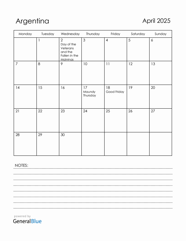 April 2025 Argentina Calendar with Holidays (Monday Start)