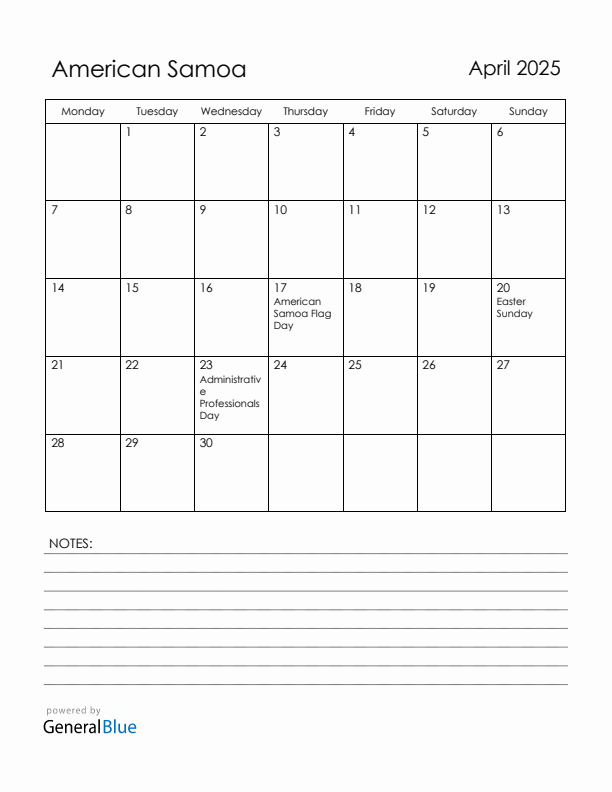 April 2025 American Samoa Calendar with Holidays (Monday Start)