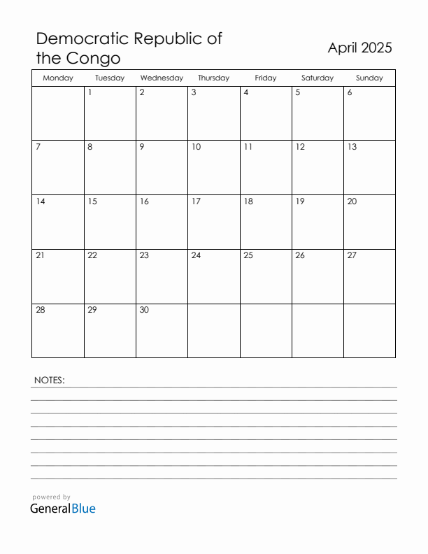 April 2025 Democratic Republic of the Congo Calendar with Holidays (Monday Start)