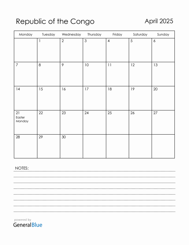 April 2025 Republic of the Congo Calendar with Holidays (Monday Start)