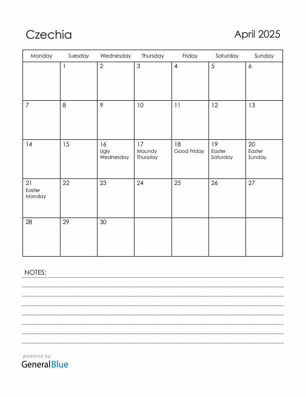 April 2025 Czechia Calendar with Holidays (Monday Start)