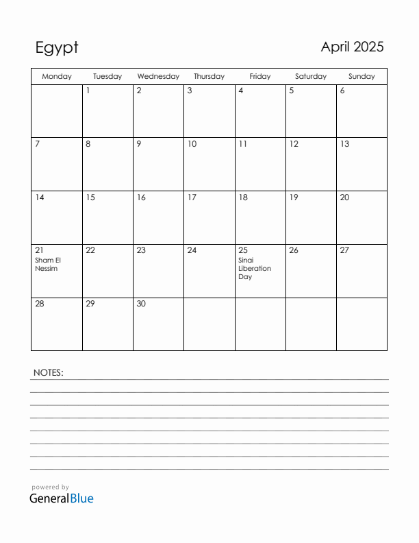 April 2025 Egypt Calendar with Holidays (Monday Start)