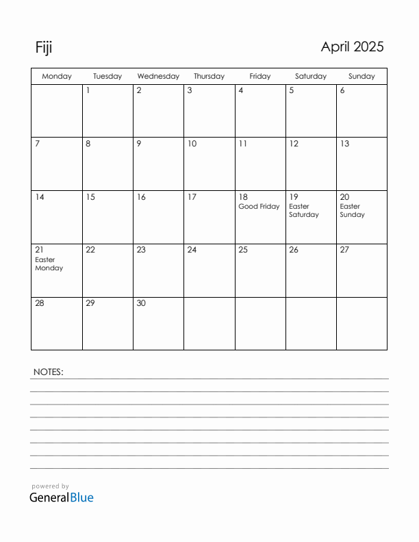 April 2025 Fiji Calendar with Holidays (Monday Start)