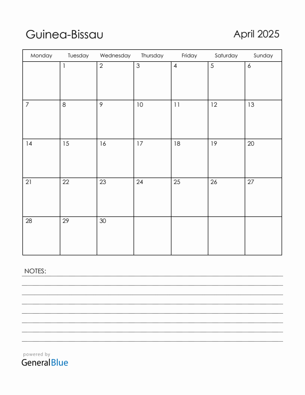April 2025 Guinea-Bissau Calendar with Holidays (Monday Start)