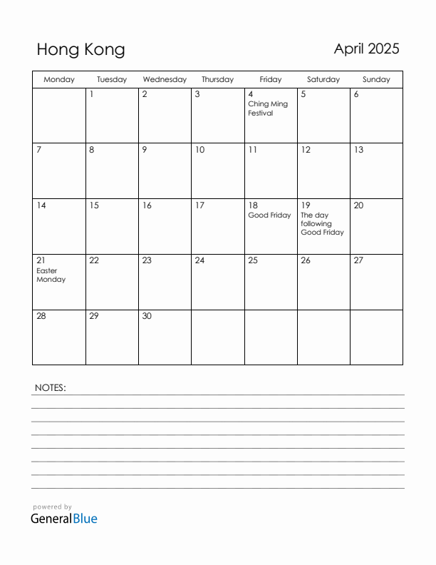April 2025 Hong Kong Calendar with Holidays (Monday Start)