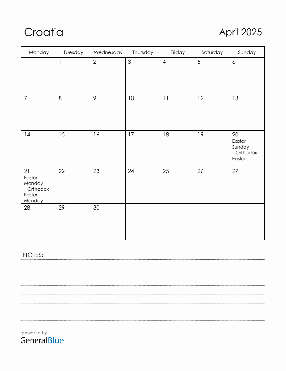 April 2025 Croatia Calendar with Holidays
