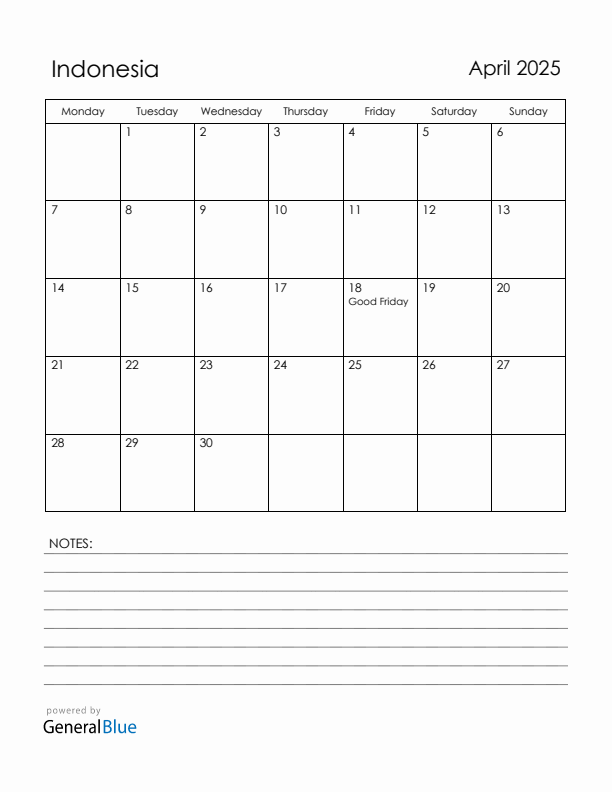 April 2025 Indonesia Calendar with Holidays (Monday Start)