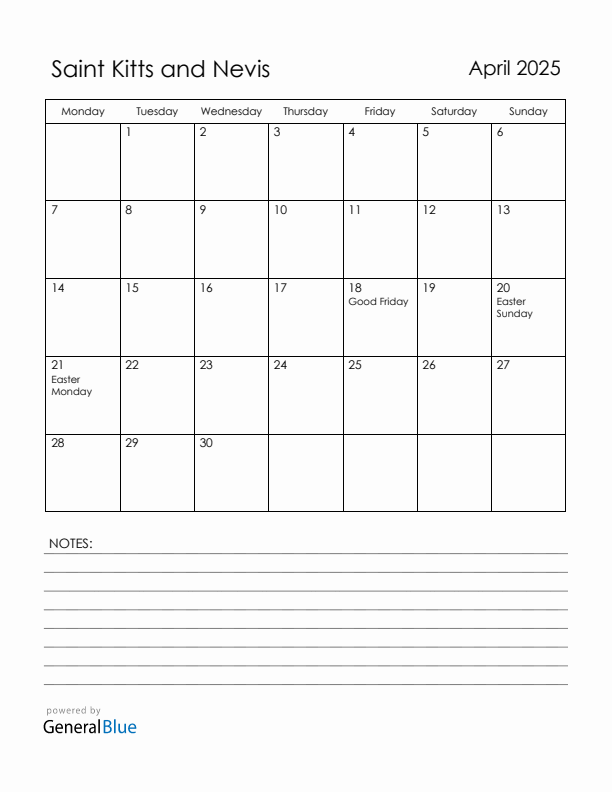 April 2025 Saint Kitts and Nevis Calendar with Holidays (Monday Start)