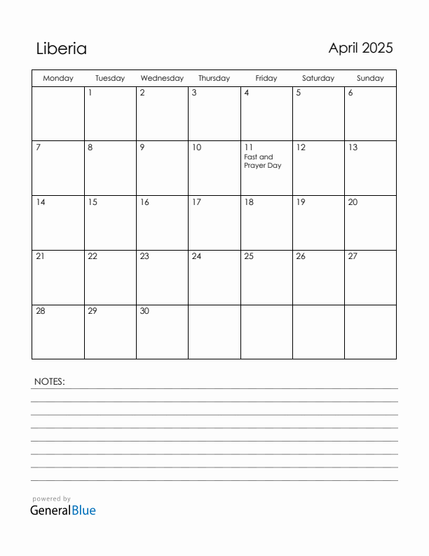 April 2025 Liberia Calendar with Holidays (Monday Start)