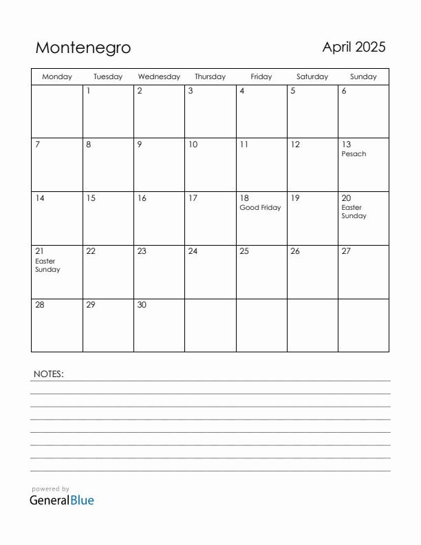 April 2025 Montenegro Calendar with Holidays (Monday Start)