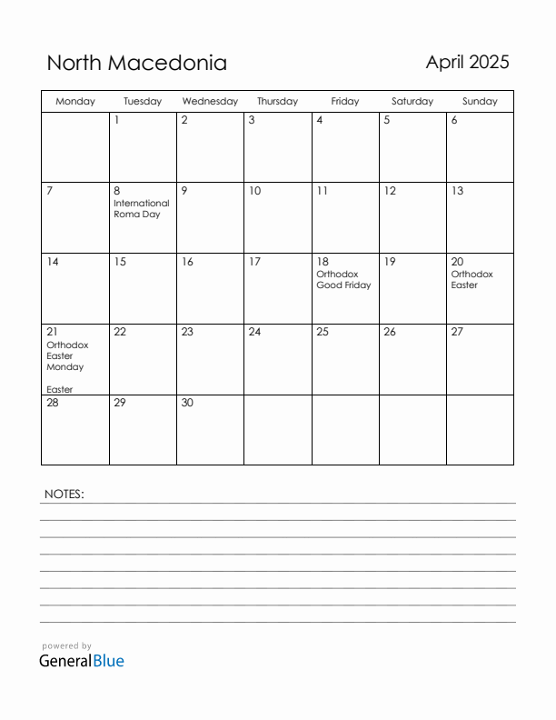April 2025 North Macedonia Calendar with Holidays (Monday Start)