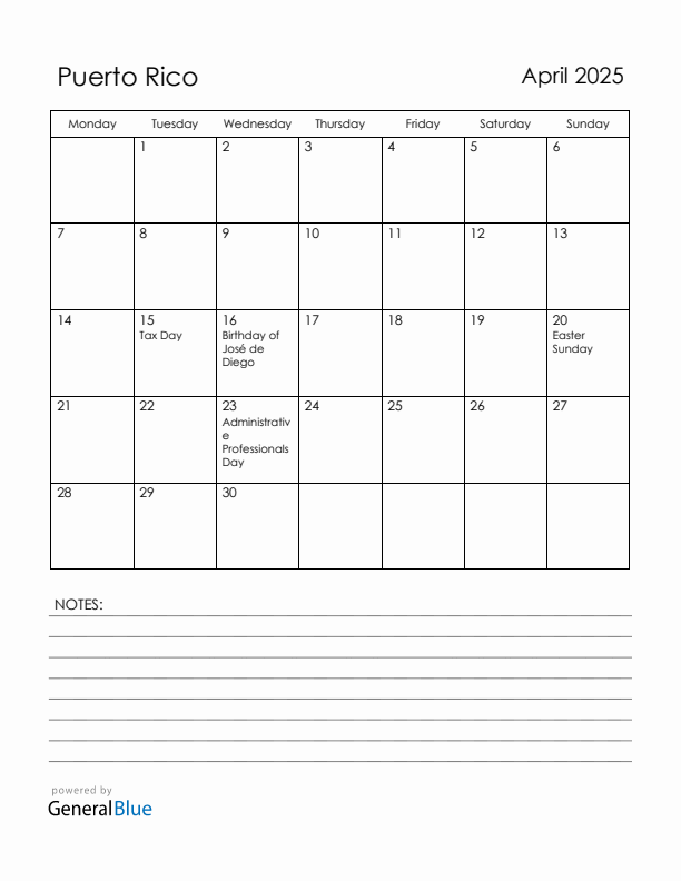 April 2025 Puerto Rico Calendar with Holidays (Monday Start)