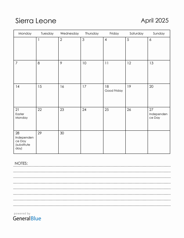 April 2025 Sierra Leone Calendar with Holidays (Monday Start)