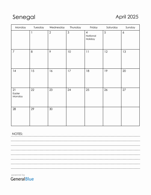 April 2025 Senegal Calendar with Holidays (Monday Start)