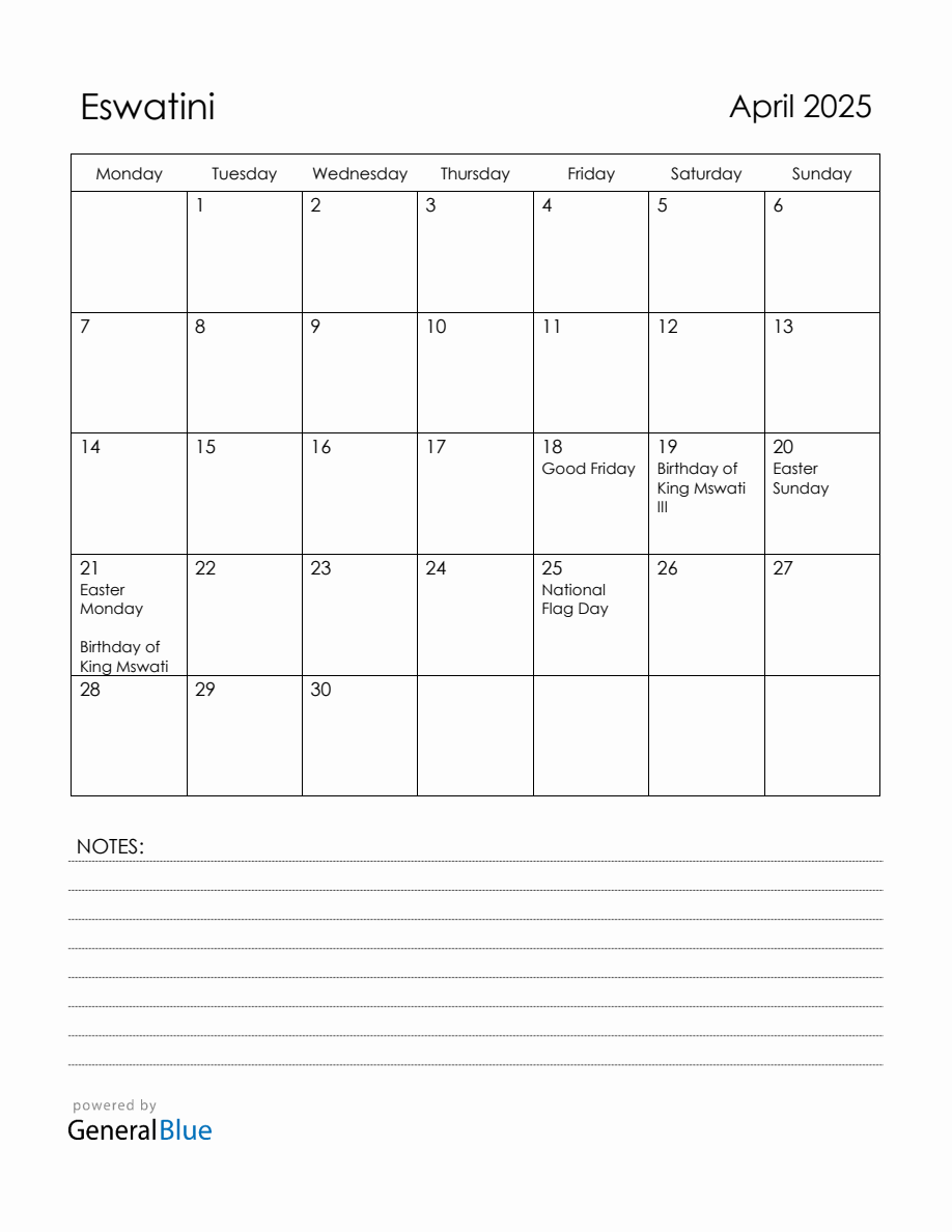 April 2025 Eswatini Calendar with Holidays (Monday Start)