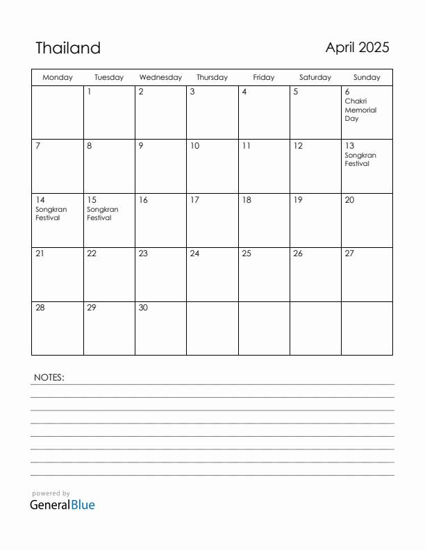 April 2025 Thailand Calendar with Holidays (Monday Start)