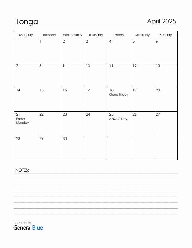 April 2025 Tonga Calendar with Holidays (Monday Start)