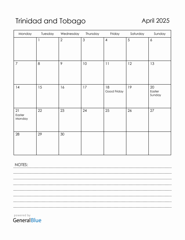 April 2025 Trinidad and Tobago Calendar with Holidays (Monday Start)