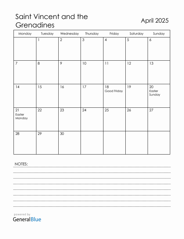 April 2025 Saint Vincent and the Grenadines Calendar with Holidays (Monday Start)