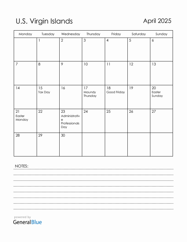 April 2025 U.S. Virgin Islands Calendar with Holidays (Monday Start)