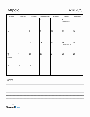 Current month calendar with Angola holidays for April 2025
