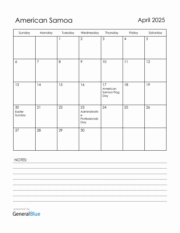April 2025 American Samoa Calendar with Holidays (Sunday Start)