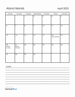 Current month calendar with Aland Islands holidays for April 2025