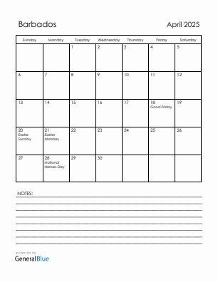 Current month calendar with Barbados holidays for April 2025