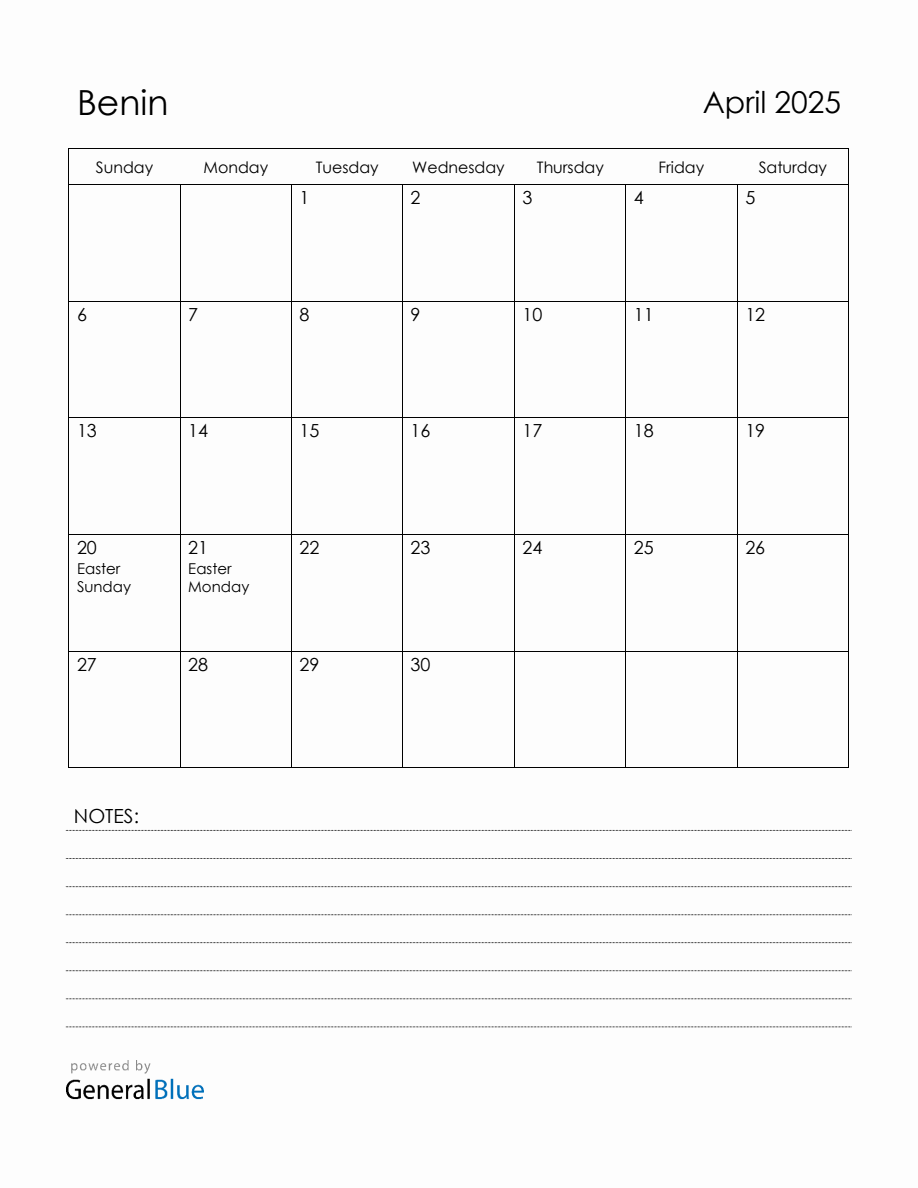 April 2025 Benin Calendar with Holidays