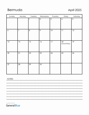 Current month calendar with Bermuda holidays for April 2025