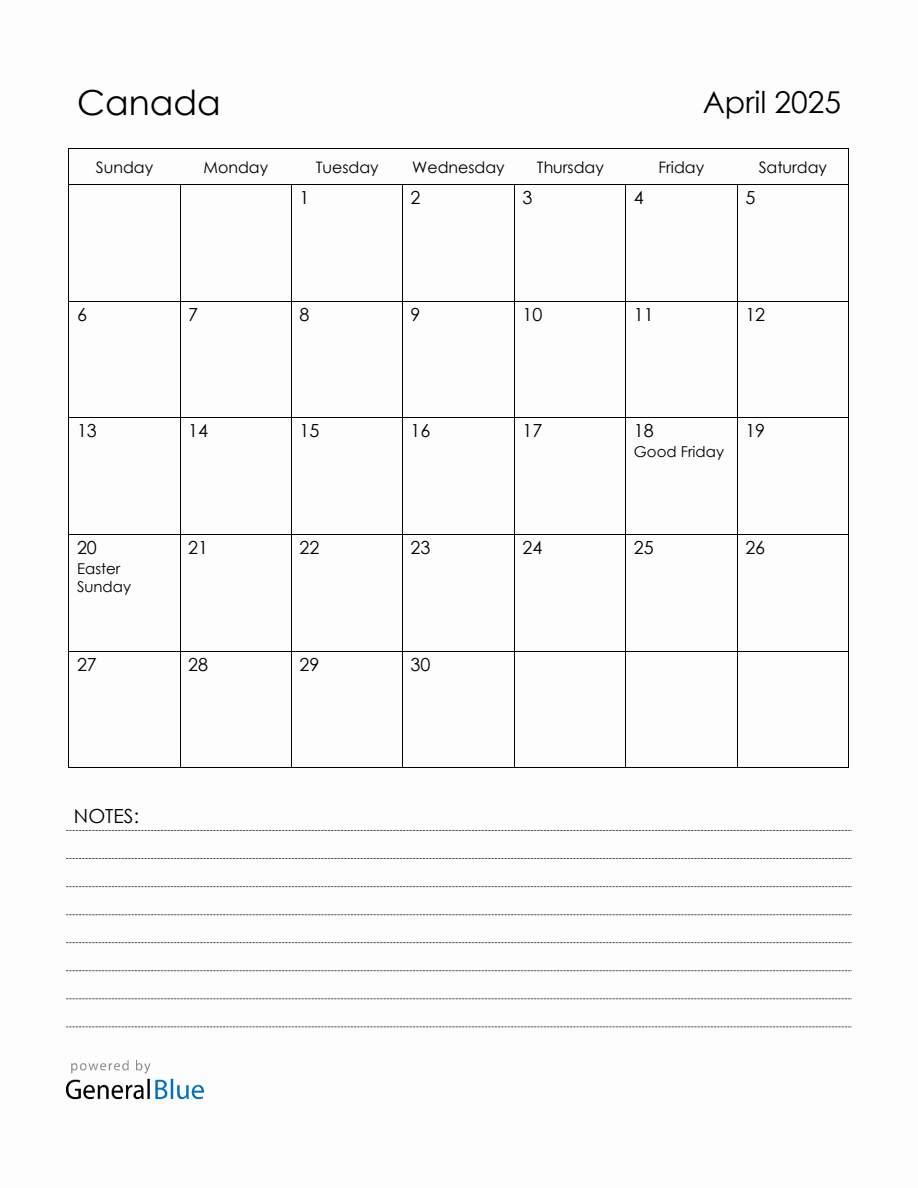 April 2025 Canada Calendar with Holidays