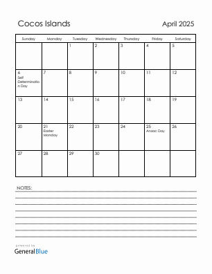 Current month calendar with Cocos Islands holidays for April 2025