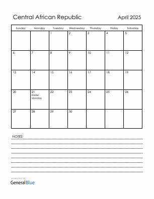 Current month calendar with Central African Republic holidays for April 2025