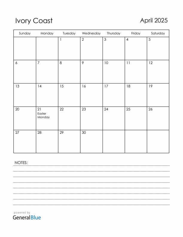April 2025 Ivory Coast Calendar with Holidays (Sunday Start)
