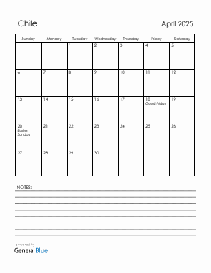 Current month calendar with Chile holidays for April 2025