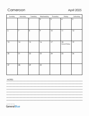 Current month calendar with Cameroon holidays for April 2025